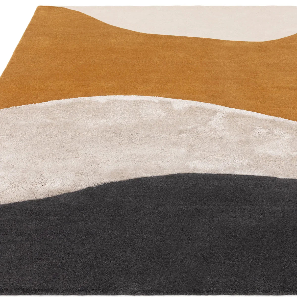 Asiatic Matrix Signature Ochre Rug featuring abstract wave pattern in ochre, cream, beige and charcoal on ivory background, hand-tufted wool