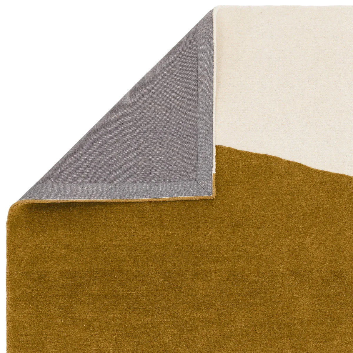 Asiatic Matrix Rug featuring colour-block geometric design in ochre, cream and grey on pale background, machine-made wool