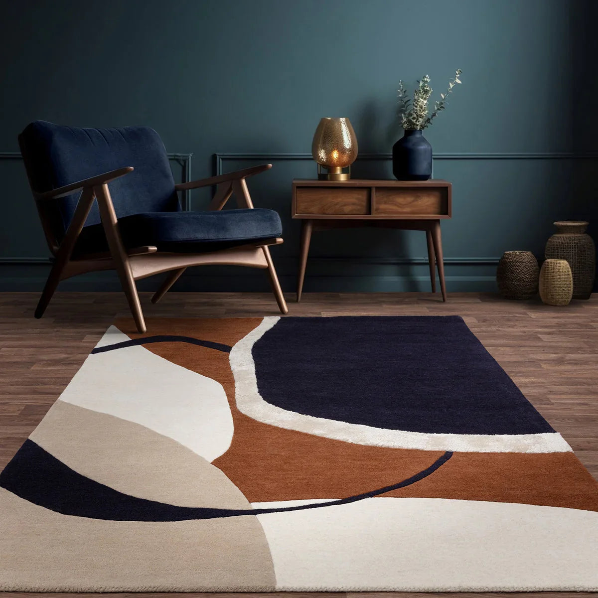 Asiatic Matrix Signature Rust Rug featuring abstract geometric pattern in navy, rust, cream and beige on beige background, hand-tufted wool
