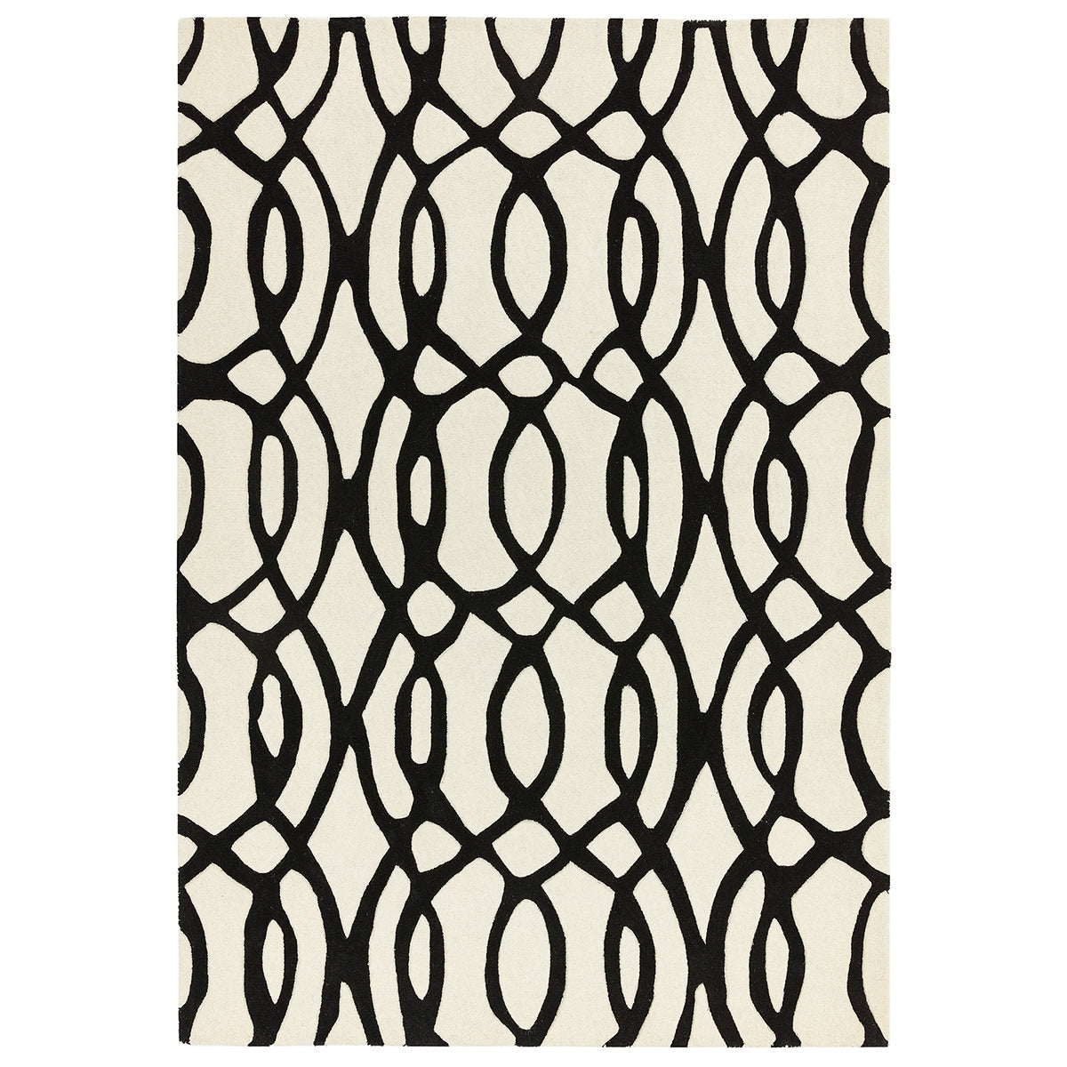 Black and white geometric patterned rug on a white background