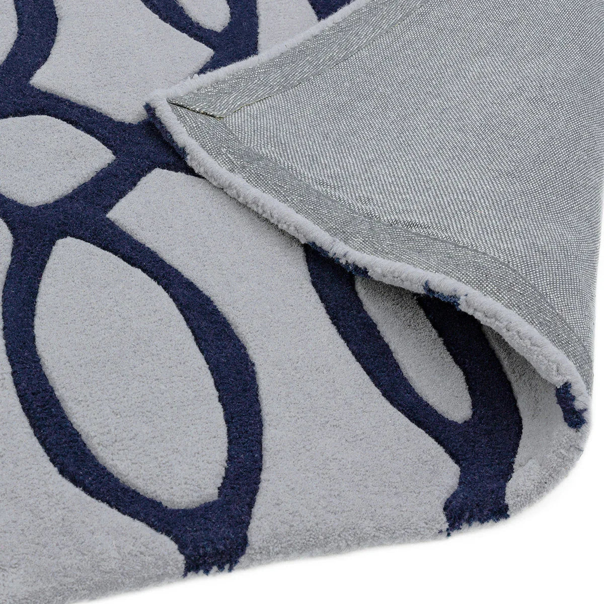 Asiatic Matrix Max 36 Wire Blue Runner Rug featuring abstract curves in navy blue on light grey, woven wool