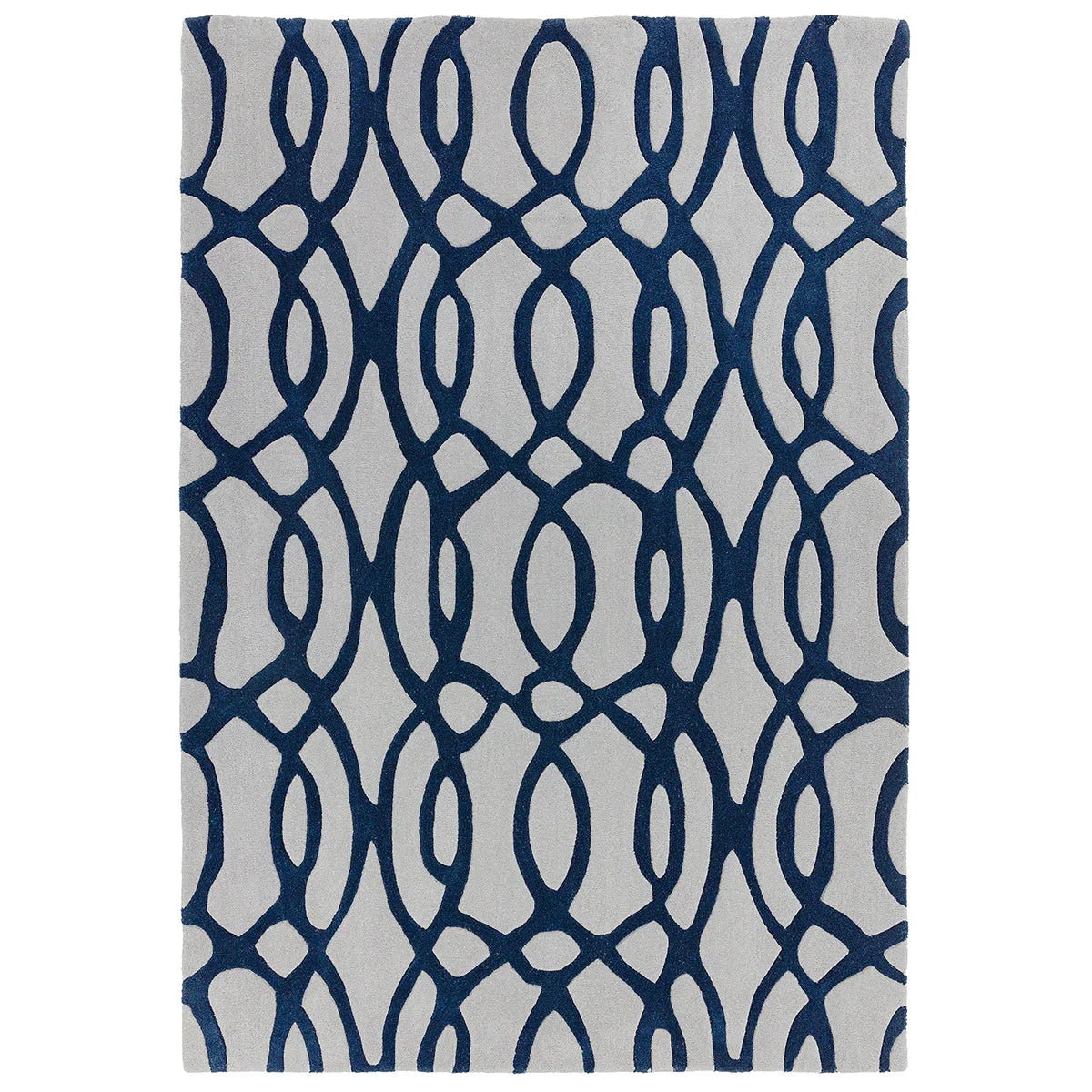 Asiatic Matrix Max Wire Blue Designer Rug featuring abstract interlocking loops in navy blue on light grey background, hand-tufted wool