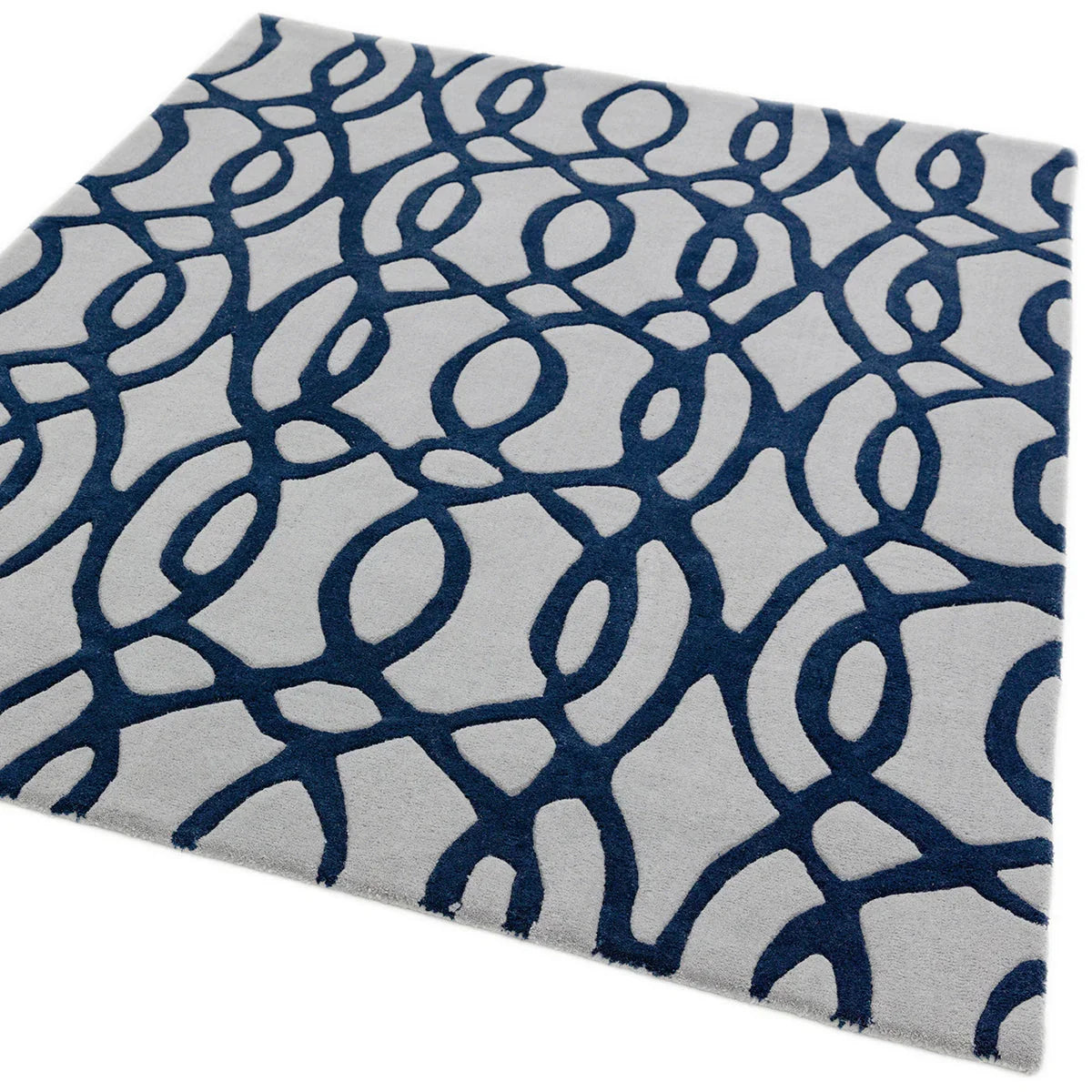 Asiatic Matrix Max Wire Blue Designer Rug featuring abstract looping pattern in navy blue on light grey background, machine-made wool