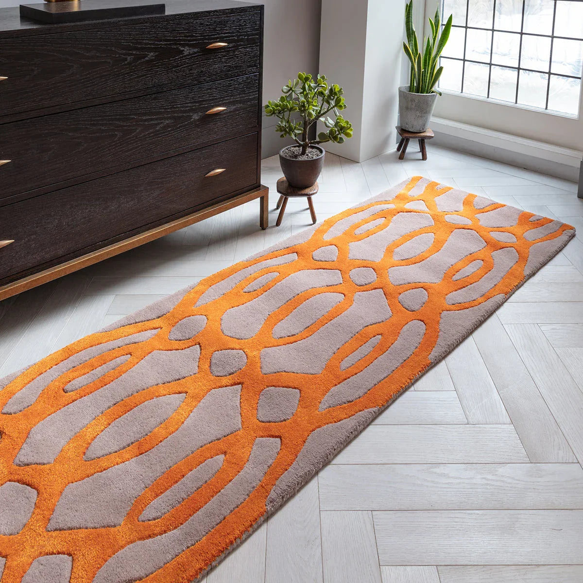 Asiatic Matrix Max 37 Wire Orange Runner featuring geometric lattice on beige background, machine-made polypropylene