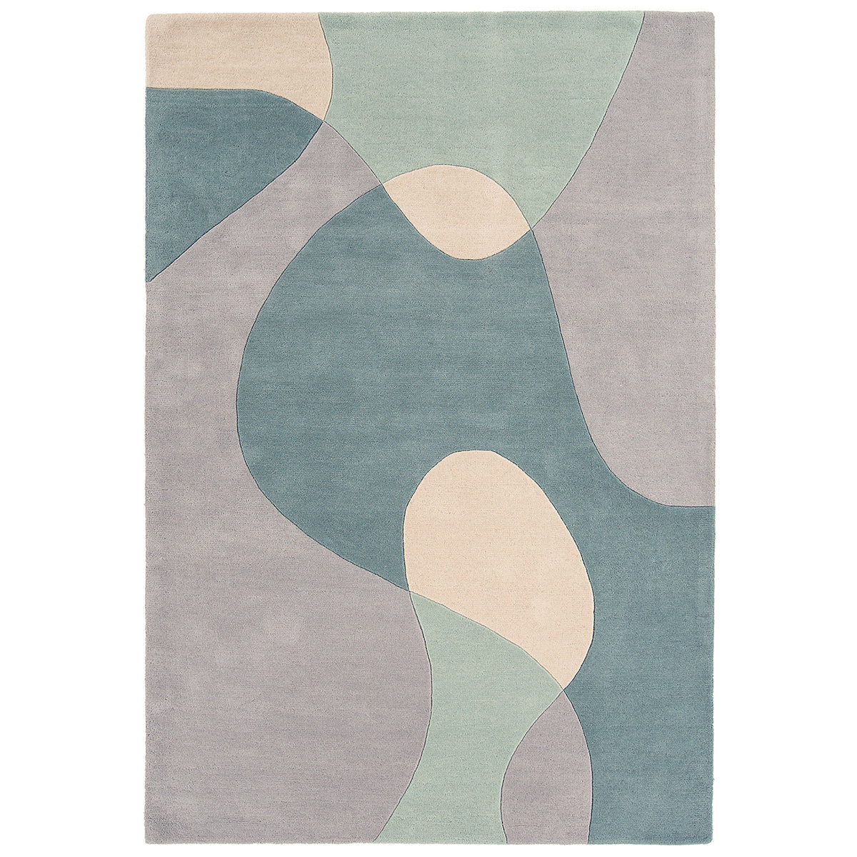 Abstract patterned rug with geometric shapes on a plain background