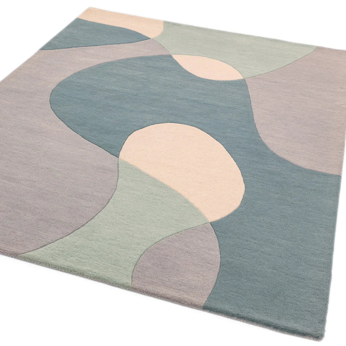 Asiatic Matrix Max Arc Sky Designer Rug featuring abstract curved shapes in sky blue, sage green, peach and lilac on soft grey background