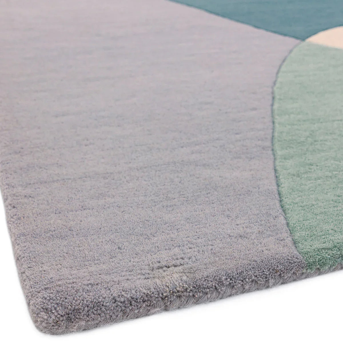 Asiatic Matrix Max Arc Sky Rug featuring abstract arc pattern in lavender, lilac, sage, mint on light grey, hand-tufted wool
