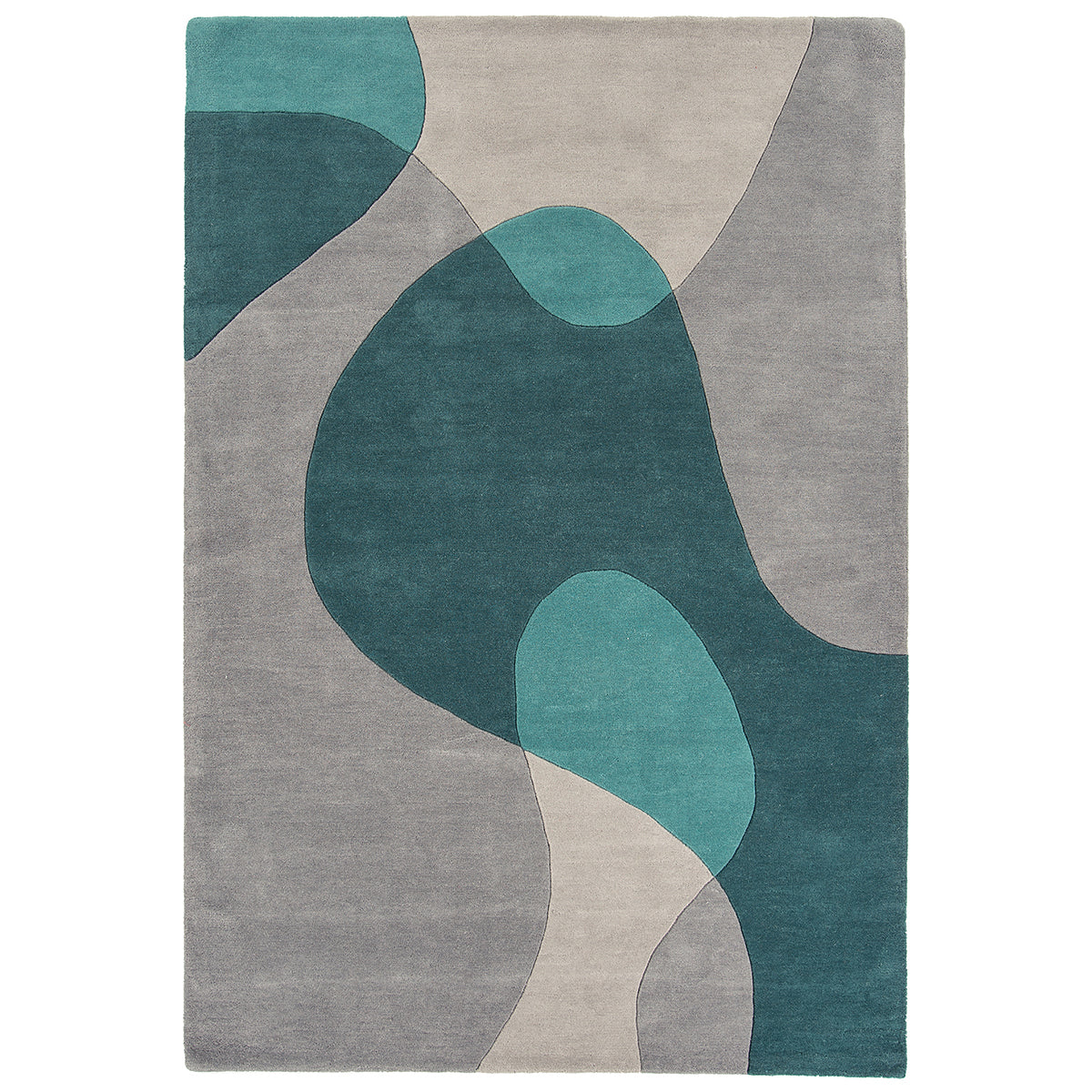 Rug with abstract design in teal and gray on a white background