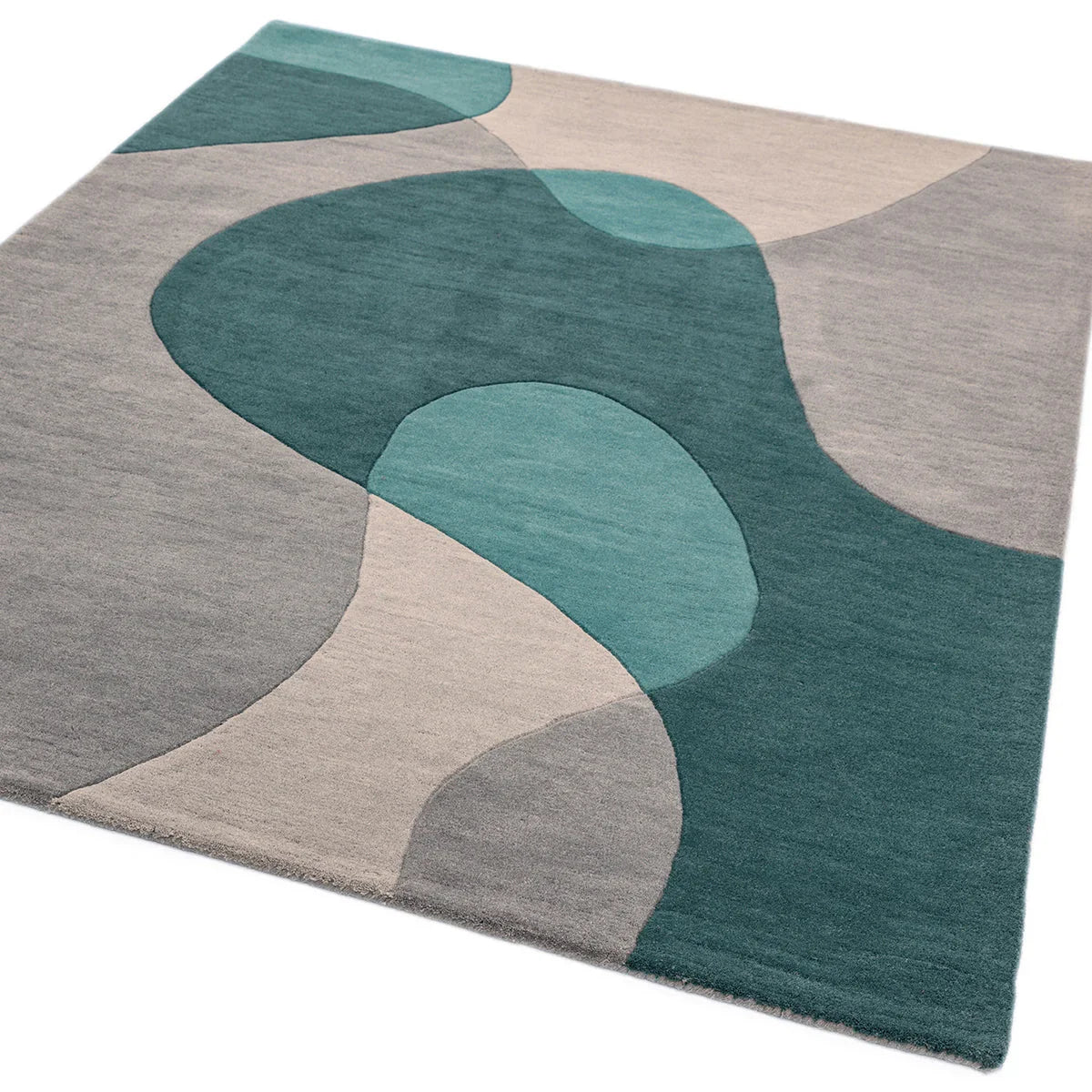 Asiatic Matrix Max Arc Teal Designer Rug featuring abstract arc pattern in teal, turquoise, grey and cream on beige, machine-made polypropylene