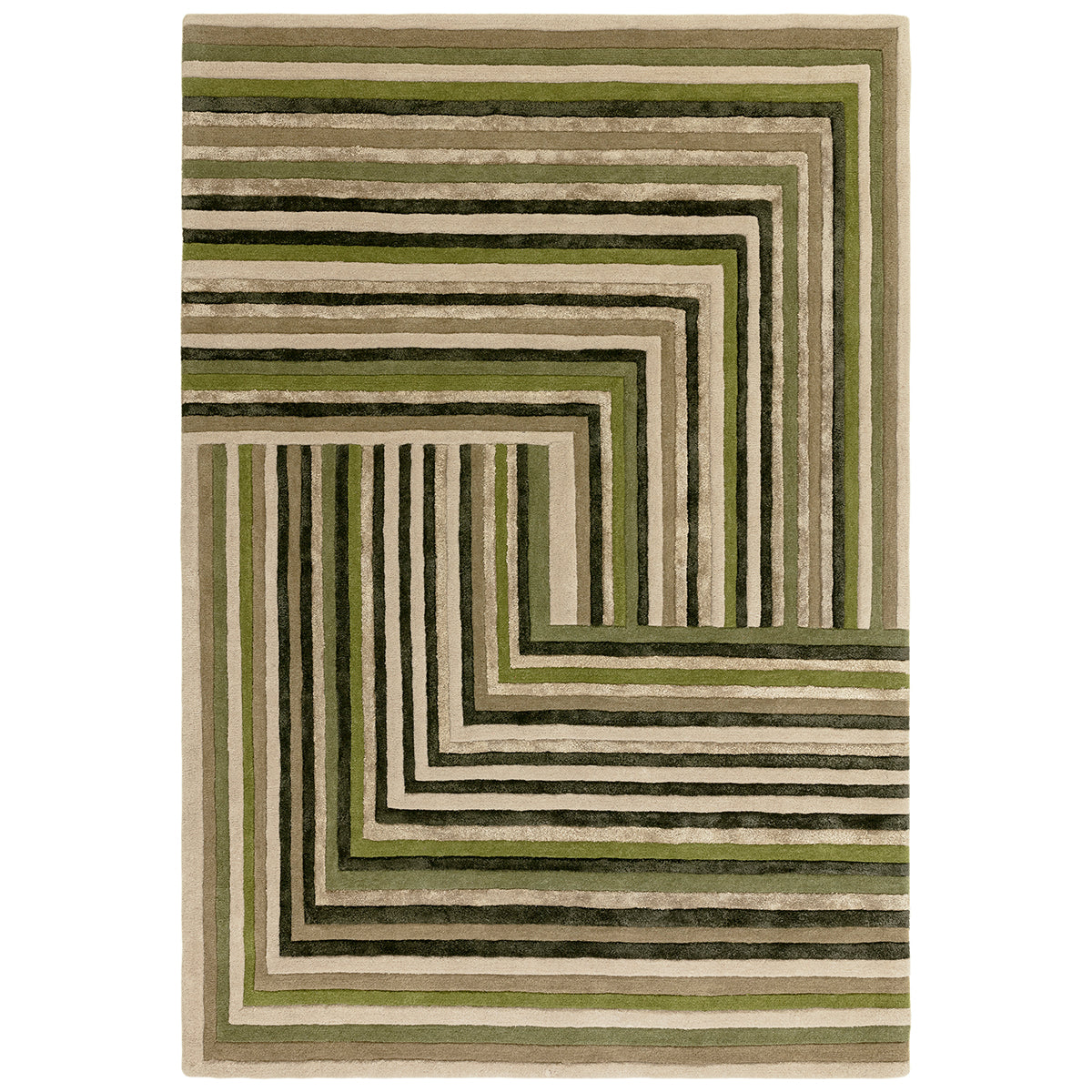 Rectangular green and beige striped rug on a white background