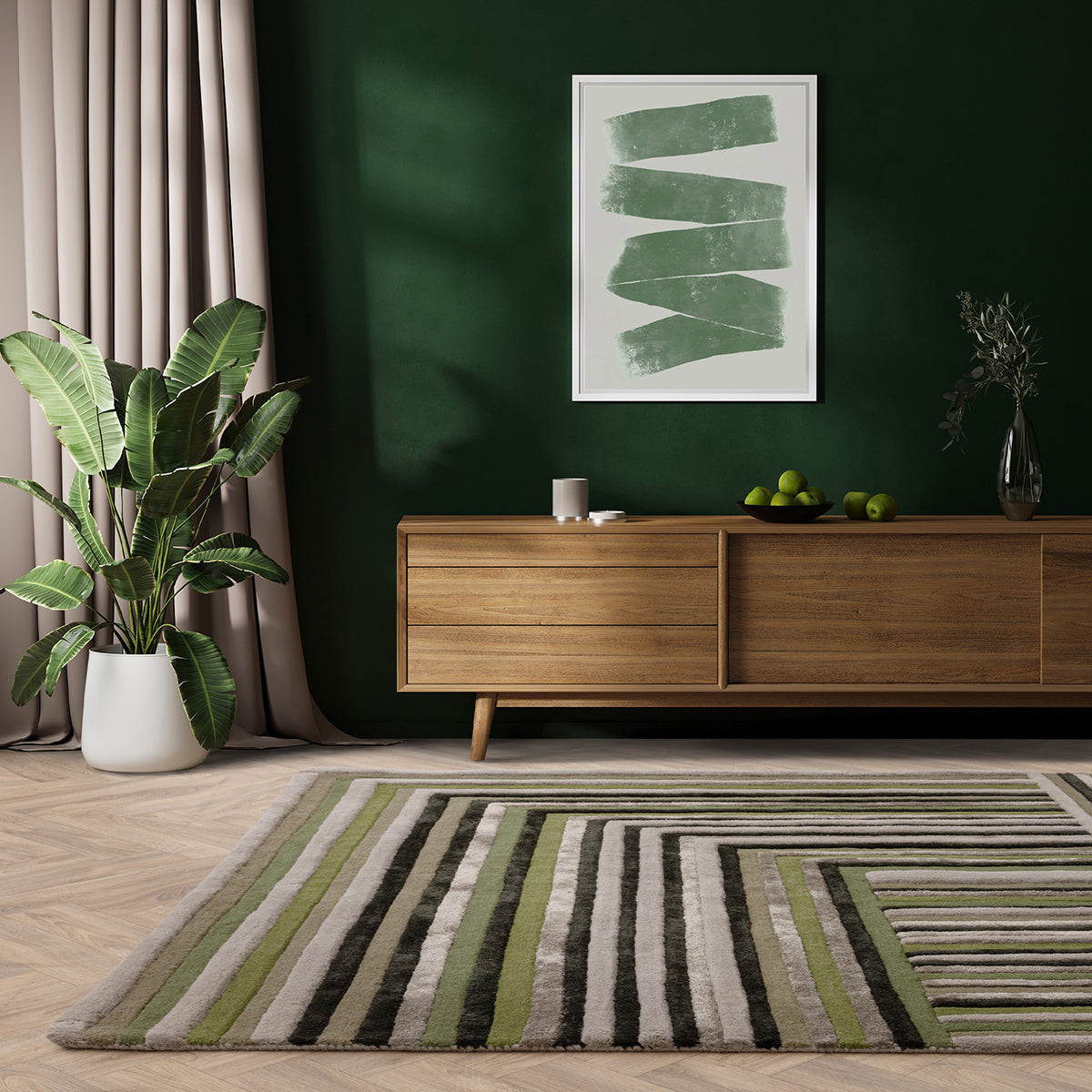 Modern living room with a striped rug, wooden cabinet, and green wall.