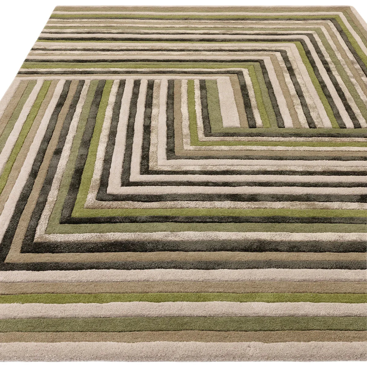 Asiatic Matrix Network Forest Designer Rug featuring geometric stepped pattern in forest green, olive, beige and cream on light cream background, machine-made polypropylene