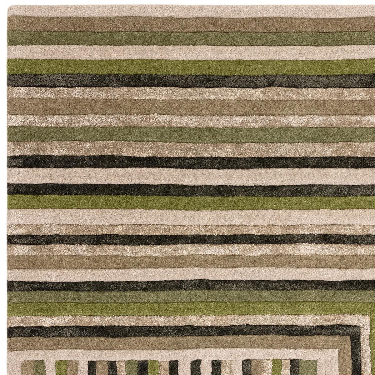 Asiatic Matrix Network Forest Designer Rug featuring striped pattern in forest green, olive, tan, beige and black on beige background, machine-woven polypropylene