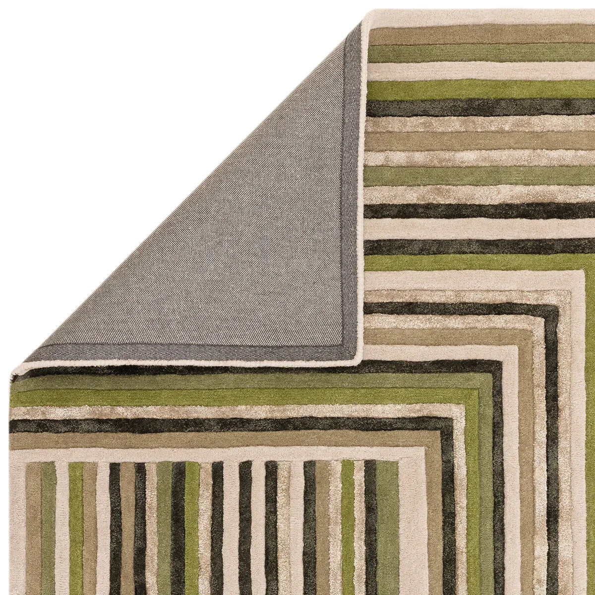 Asiatic Matrix Network Forest Designer Rug featuring geometric striped pattern in olive green, sage, beige, taupe on cream background, machine-loomed wool blend