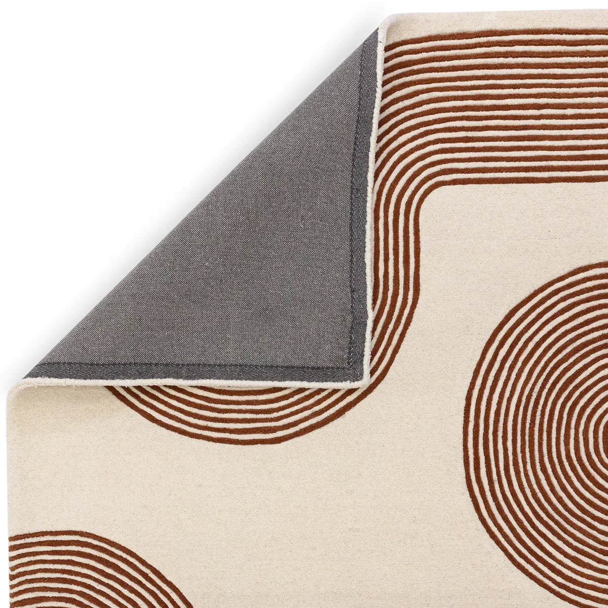 Asiatic Matrix 85 Arches Amber Designer Rug featuring circular arch motif in brown on beige background, hand-tufted rug
