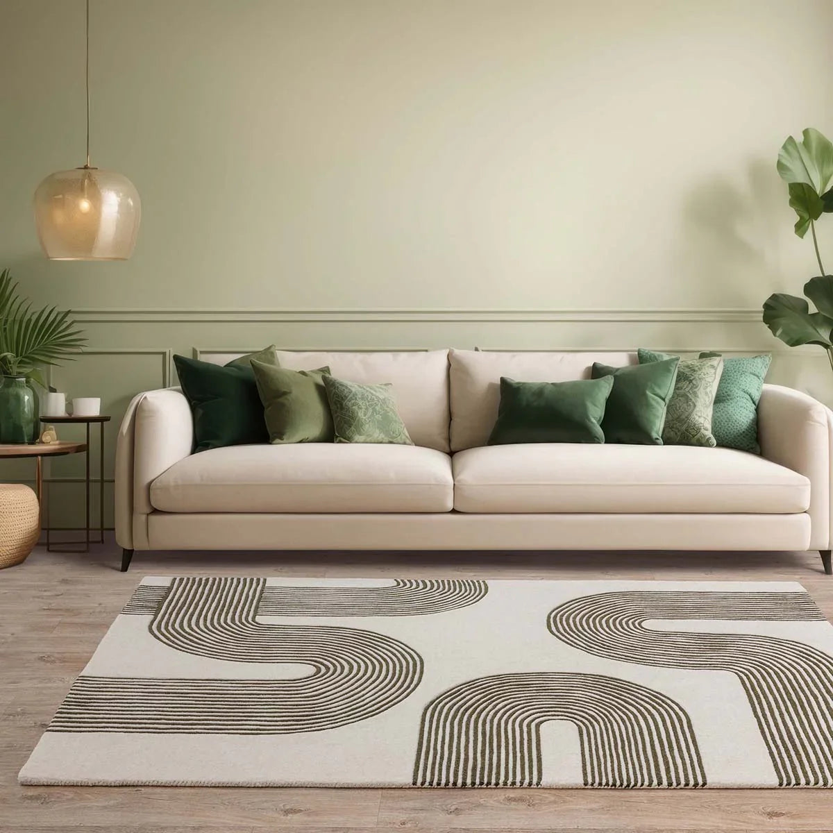 Beige sofa with green cushions in a living room setting with a patterned rug.