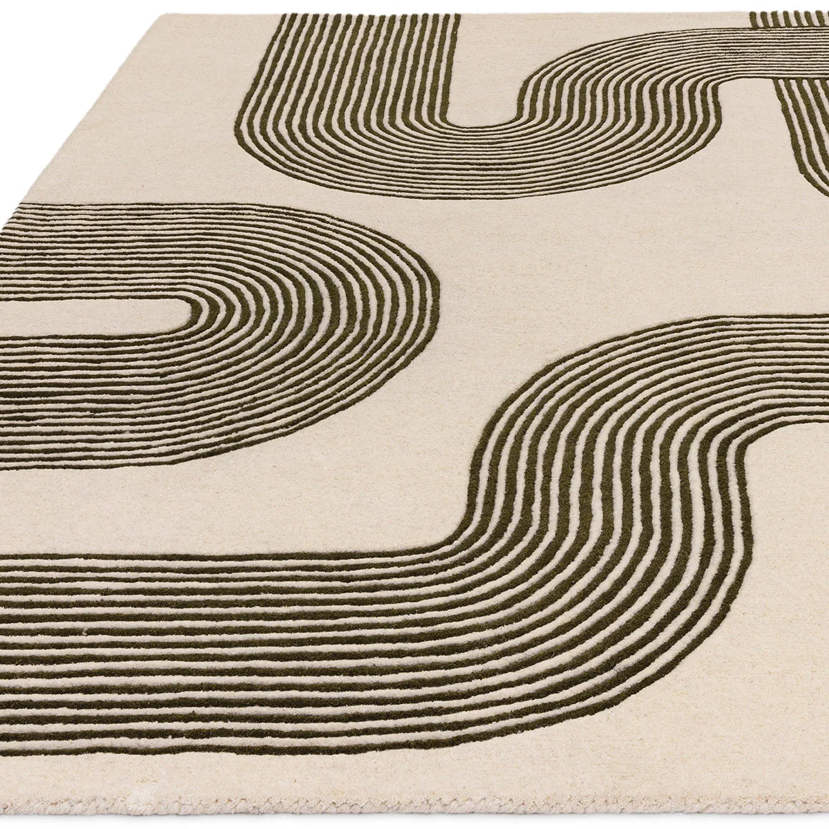 Asiatic Matrix Arches Forest Designer Rug featuring arch pattern in dark chocolate brown on cream background, machine-loomed wool