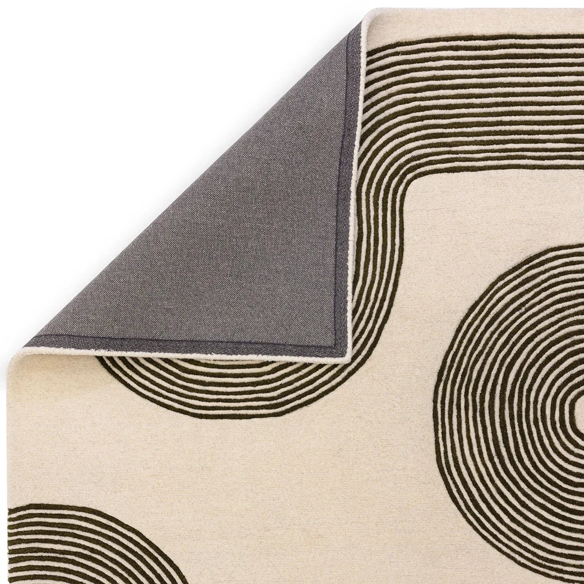 Asiatic Matrix Arches Forest Designer Rug featuring circular arch motif in dark brown on beige background, hand-tufted wool