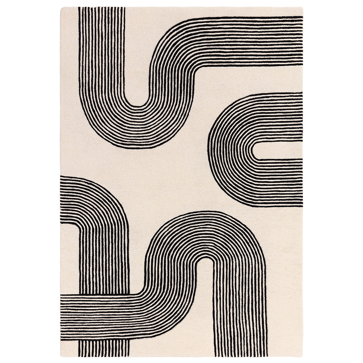 Rug with black abstract line pattern on a beige background