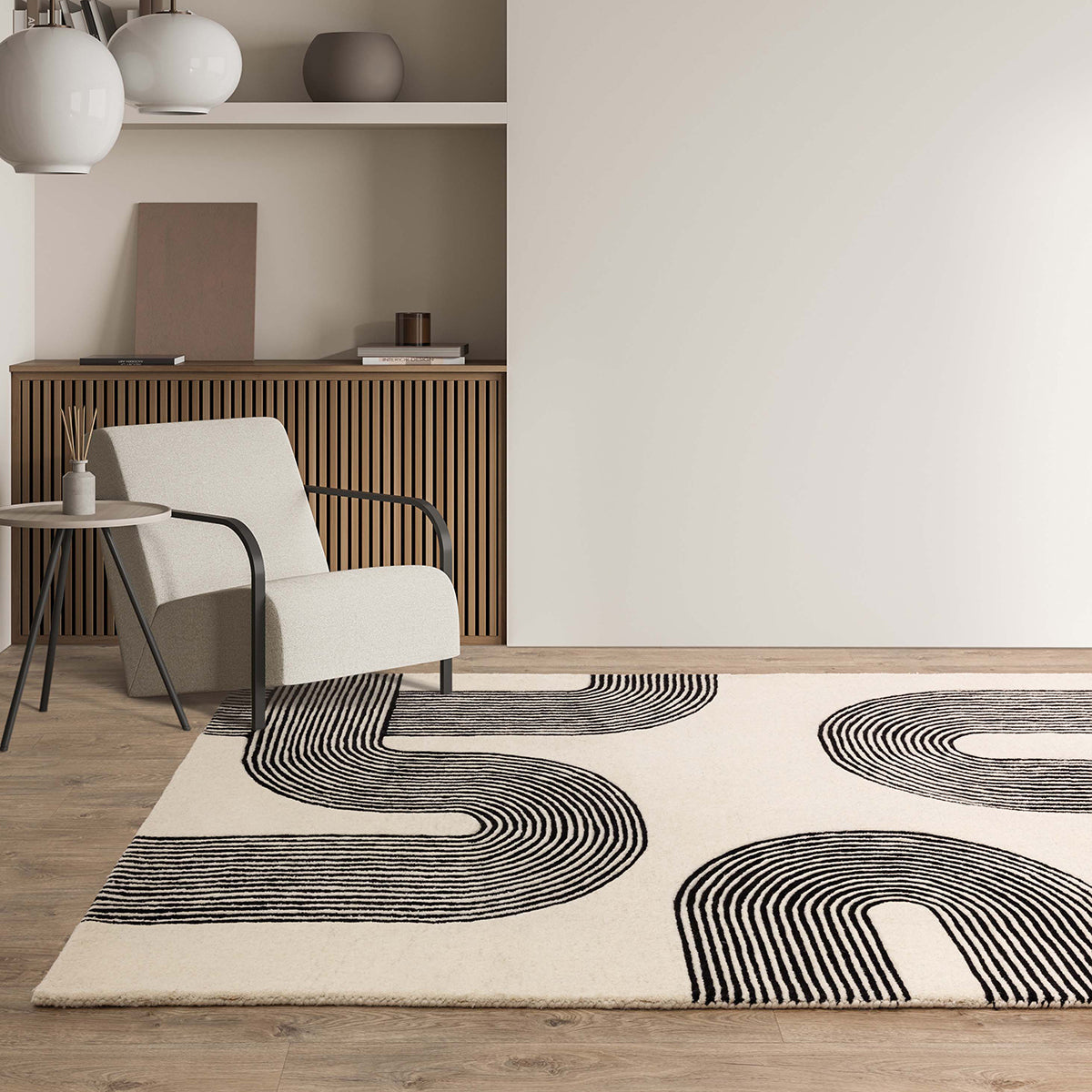 Modern living room with a rug featuring black concentric circle pattern
