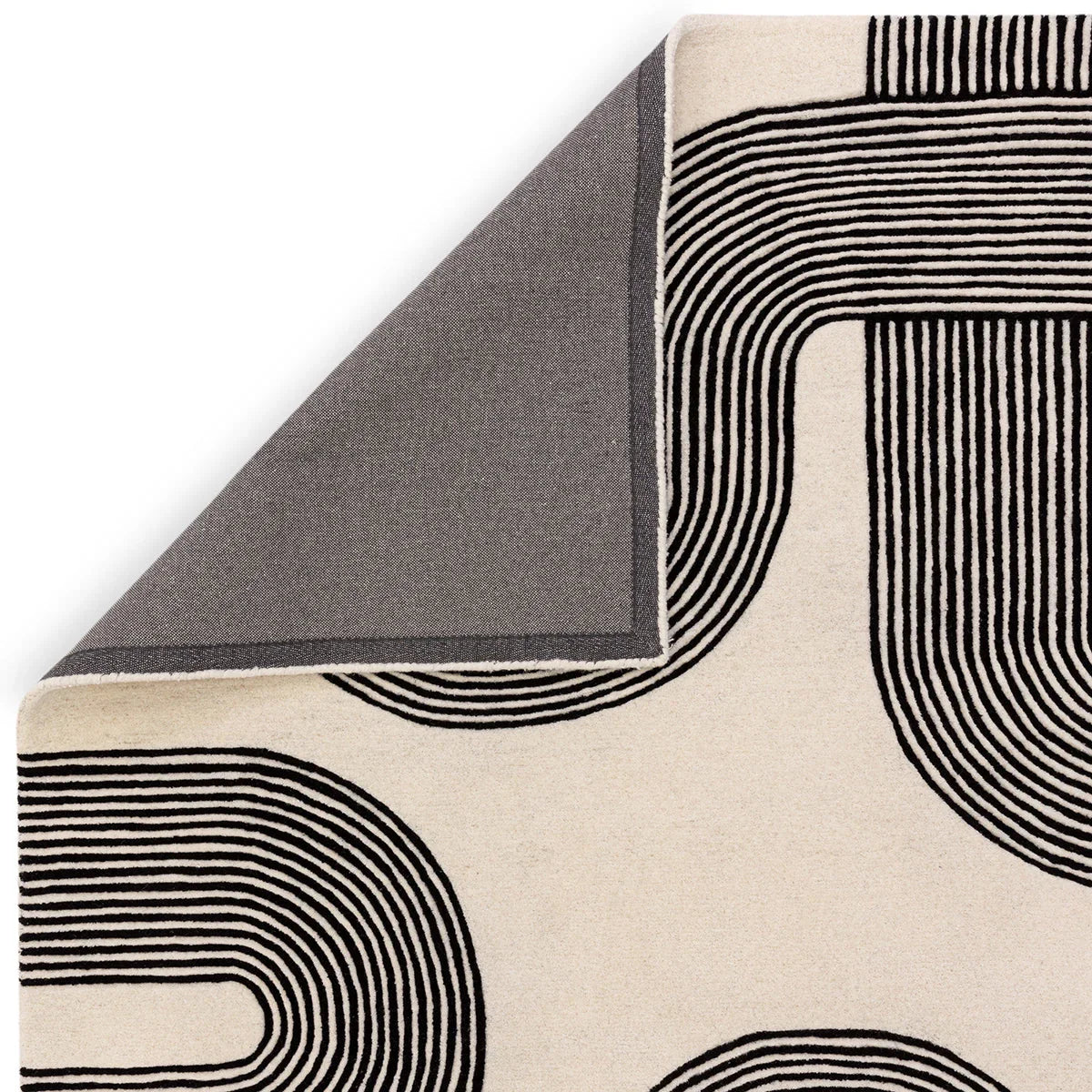 Asiatic Matrix Arches Black Designer Rug featuring arch pattern in black on beige background, hand-tufted wool