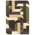 Geometric patterned rug with brown, green, and beige colors on a white background