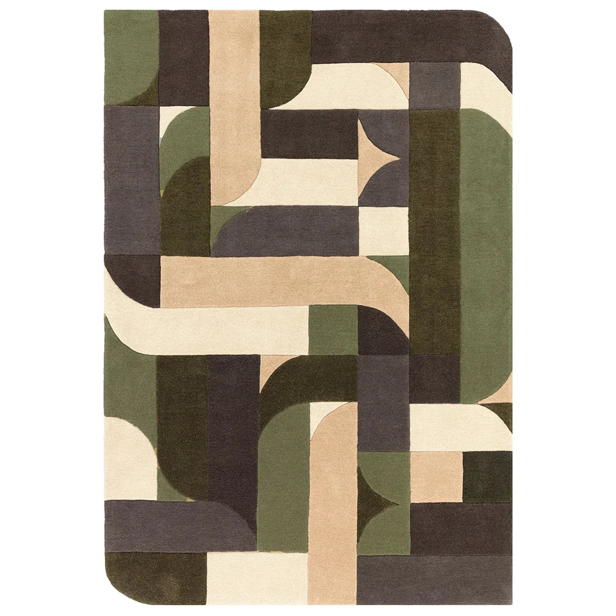 Geometric patterned rug with brown, green, and beige colors on a white background