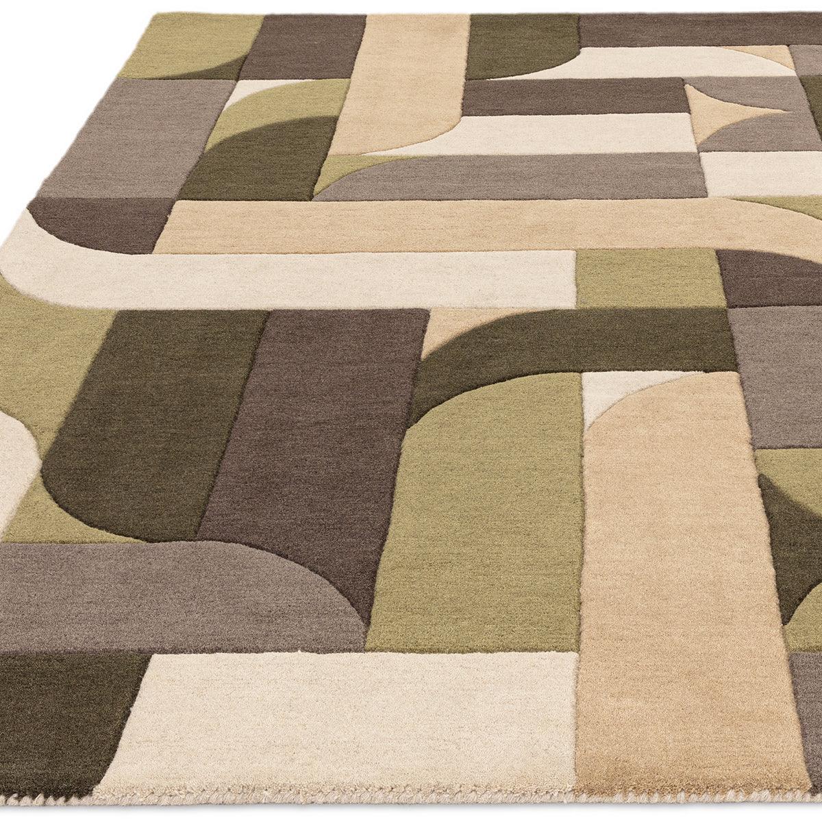 Asiatic Matrix 90 Klotski Sage Rug with geometric block pattern in sage, olive, taupe and beige on cream, hand-tufted wool
