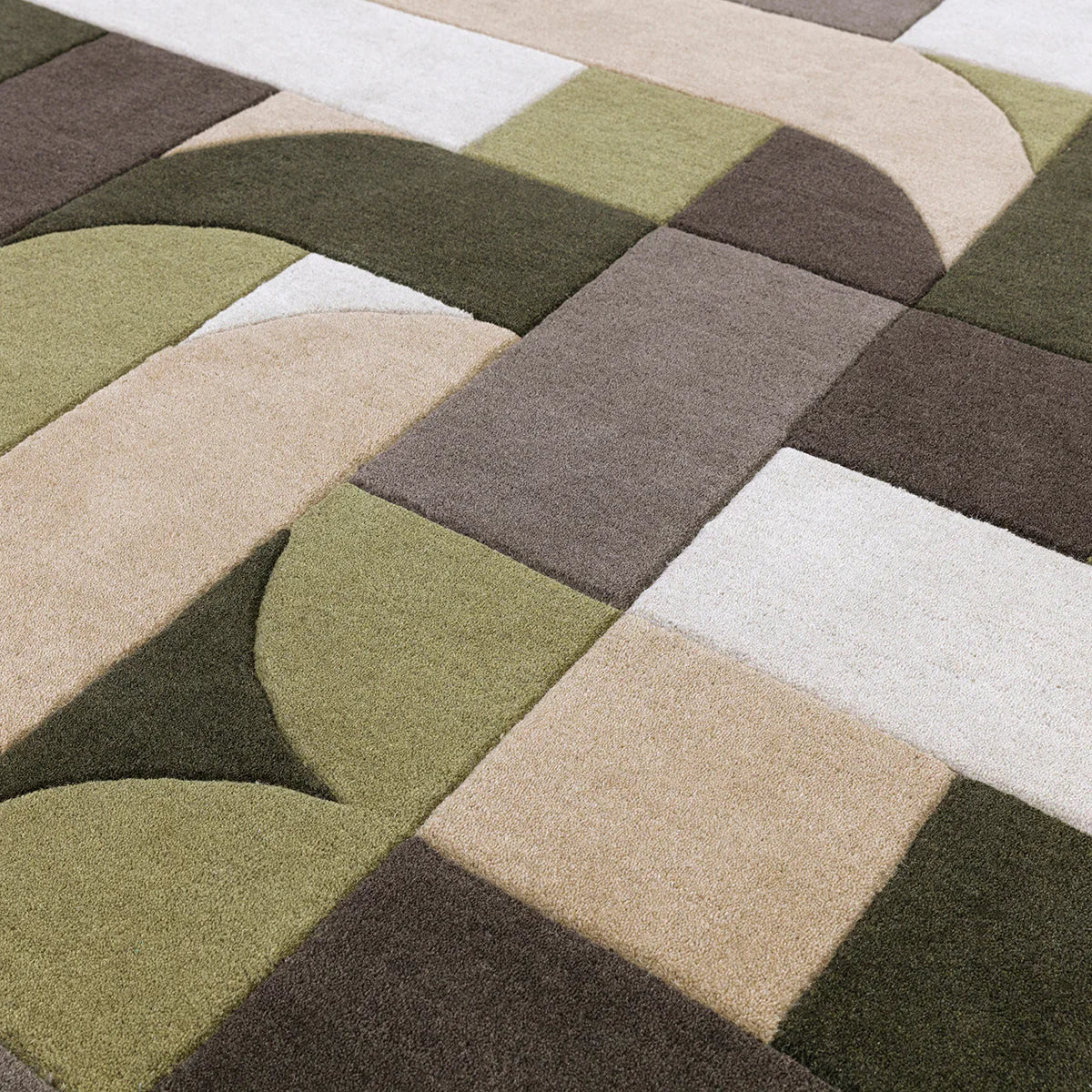 Asiatic Matrix 90 Klotski Sage rug featuring geometric patchwork in sage, olive, taupe, beige and cream on cream background, hand-tufted wool