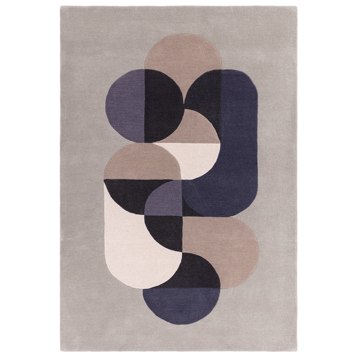 Rug with abstract circular design in purple, beige, and black on a gray background