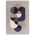Rug with abstract circular design in purple, beige, and black on a gray background