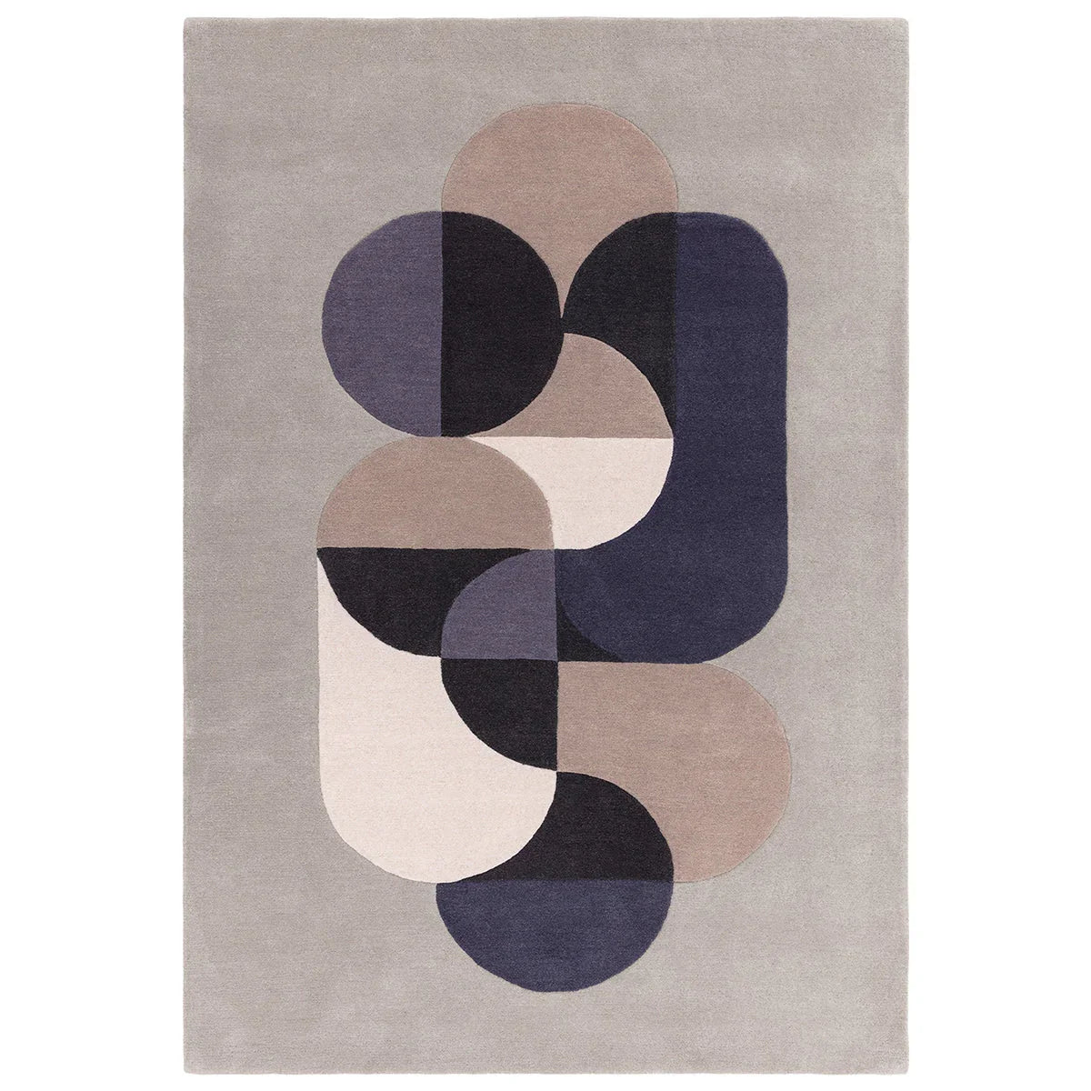 Rug with abstract circular design in purple, beige, and black on a gray background