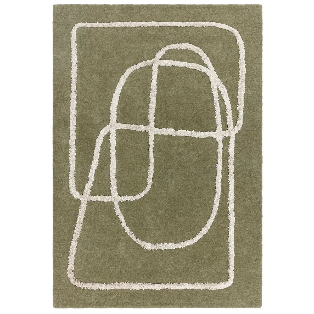 Green rug with white abstract patterns on a white background