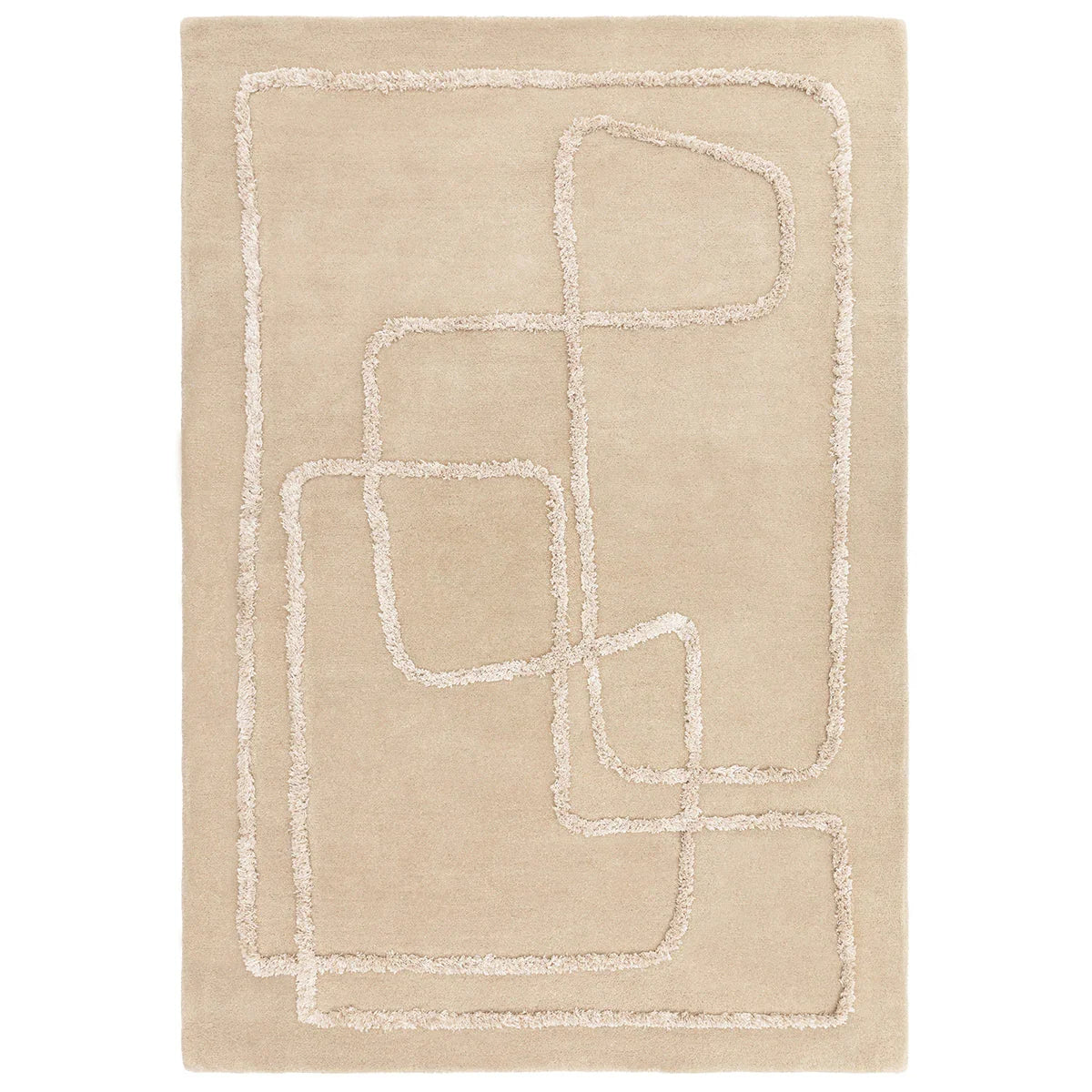 Beige rug with white abstract patterns on a beige background