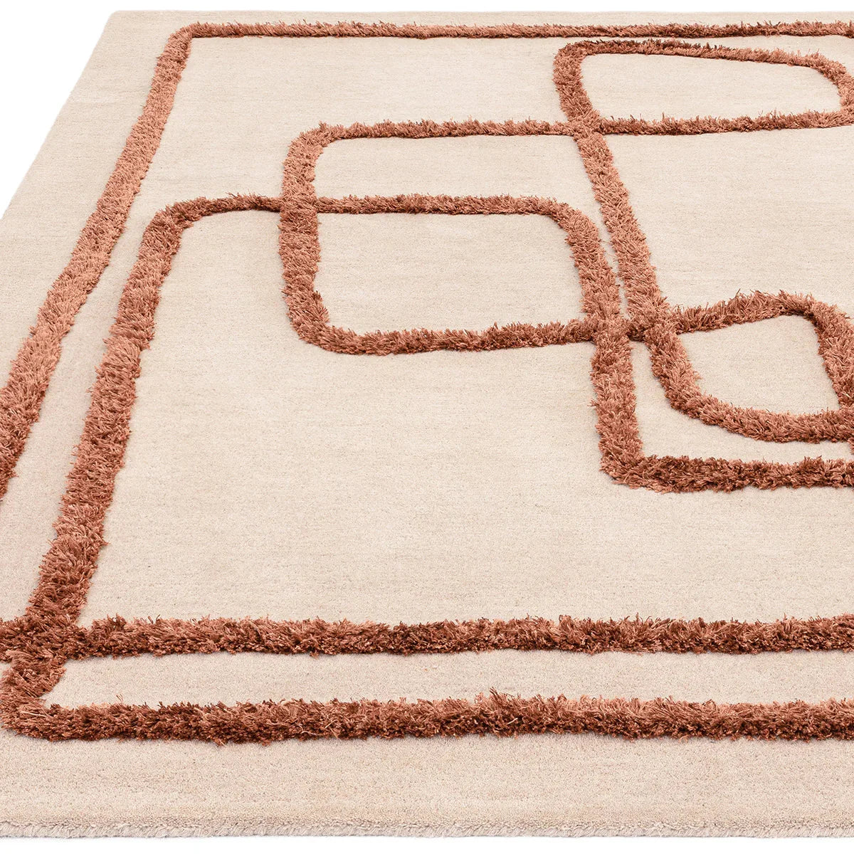 Asiatic Matrix Infinity Copper Designer Rug featuring geometric square pattern in copper on cream background, hand-tufted wool