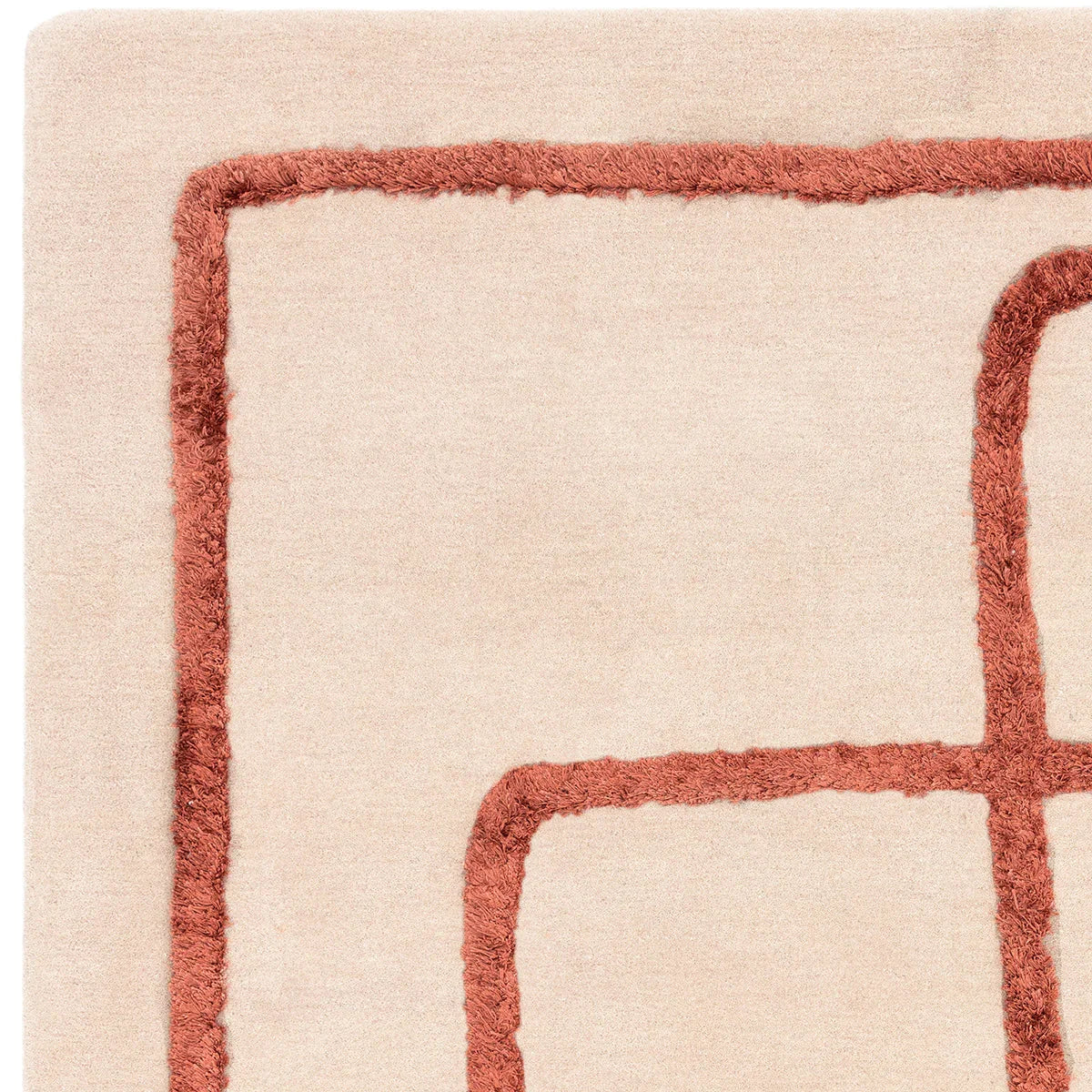 Asiatic Matrix Infinity Copper Designer Rug featuring geometric grid pattern in copper and cream on beige background, machine-made wool blend