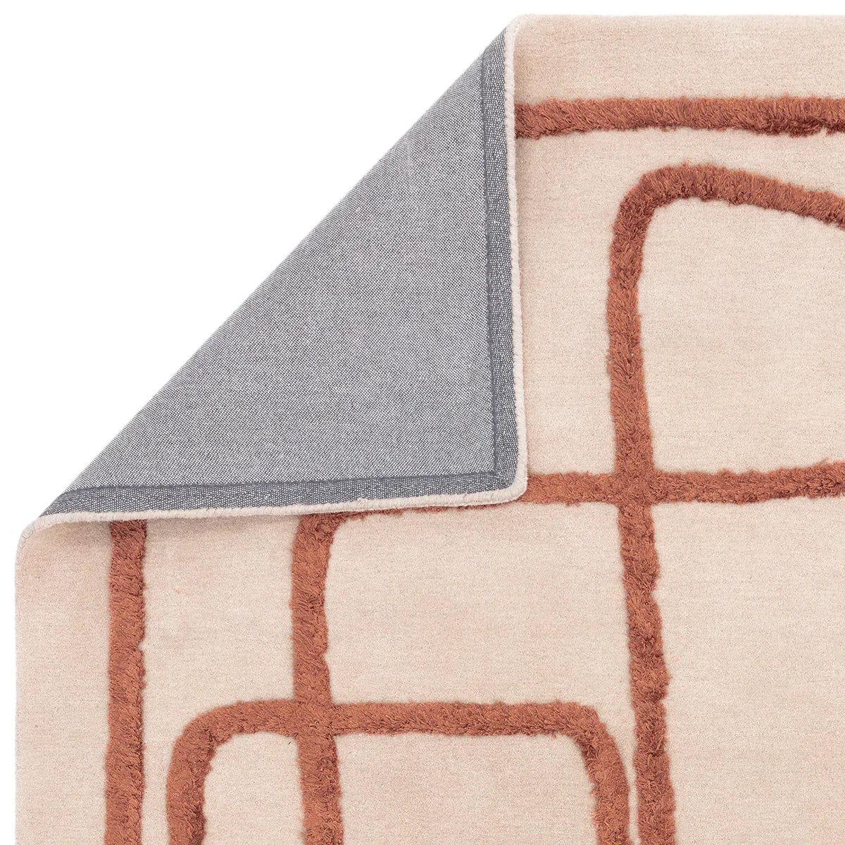 Asiatic Matrix Infinity Copper Rug featuring geometric grid in copper on cream, with grey reverse; machine-made wool