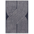 Navy blue rug with white geometric pattern on a white background