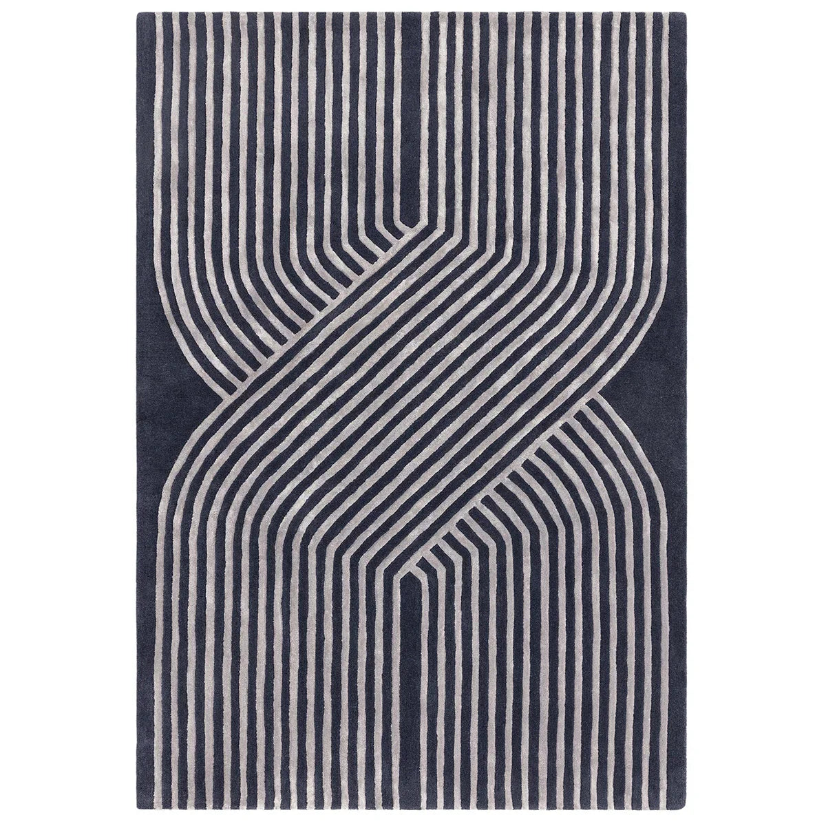 Navy blue rug with white geometric pattern on a white background