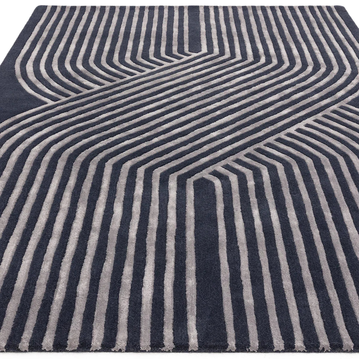Asiatic Matrix Solstice Navy Designer Rug featuring geometric striped pattern in navy and silver-grey on navy background, machine-made polypropylene
