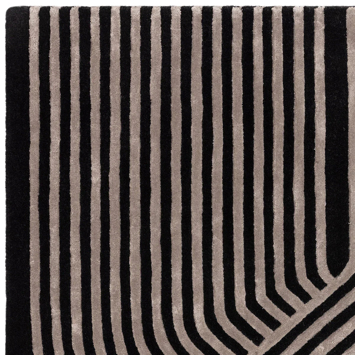 Asiatic Matrix Solstice Rug featuring striped pattern in black and gunmetal grey on beige background, machine-made synthetic pile