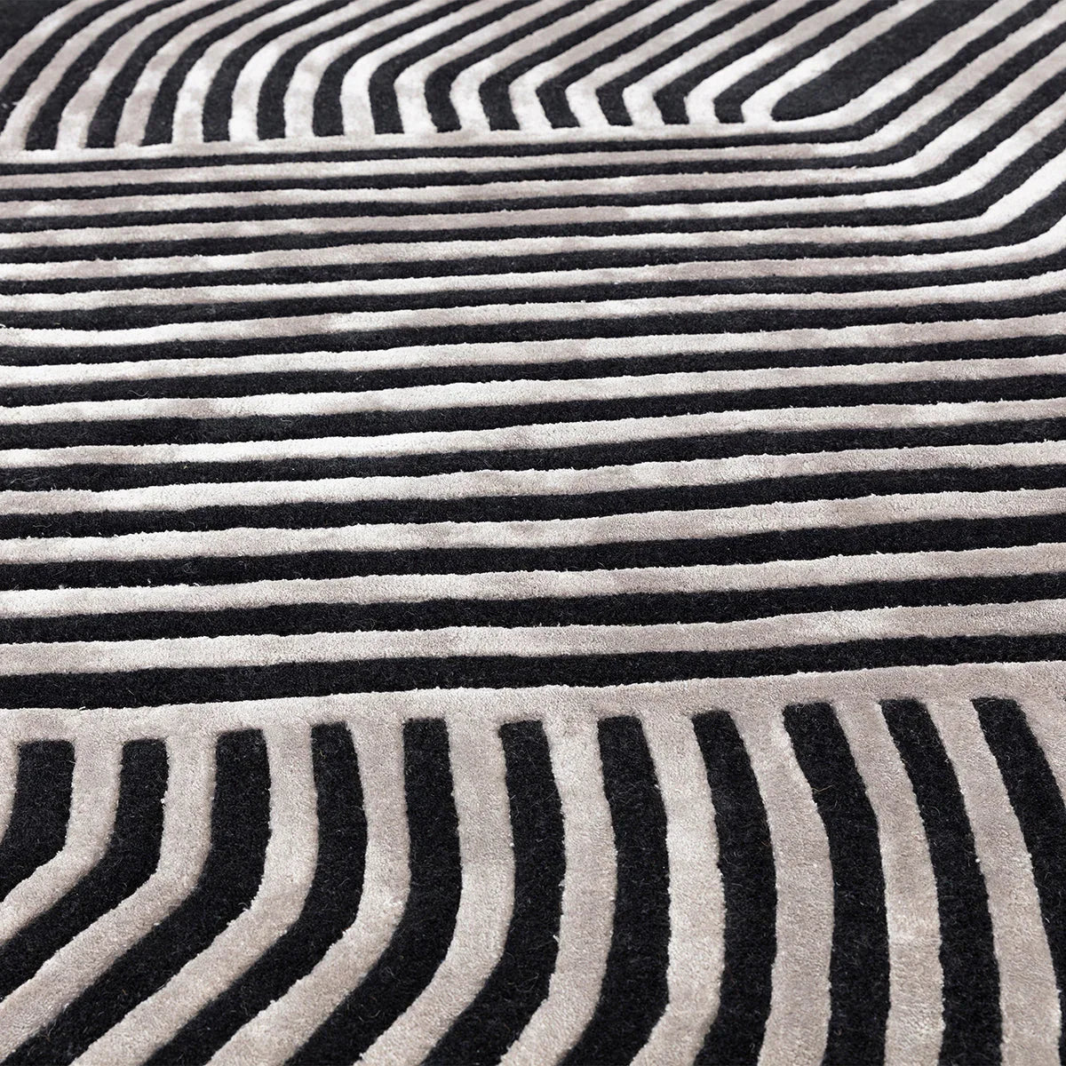 Asiatic Matrix Solsitice Gunmetal Designer Rug featuring bold black and beige striped pattern on light beige background, machine-loomed rug