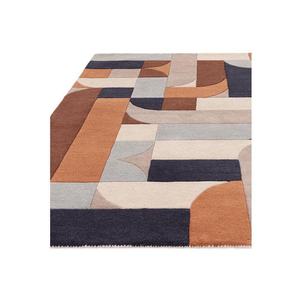 Asiatic Klotski Terracotta Rug featuring geometric abstract pattern in terracotta, navy, beige and light grey on cream background, hand-tufted wool