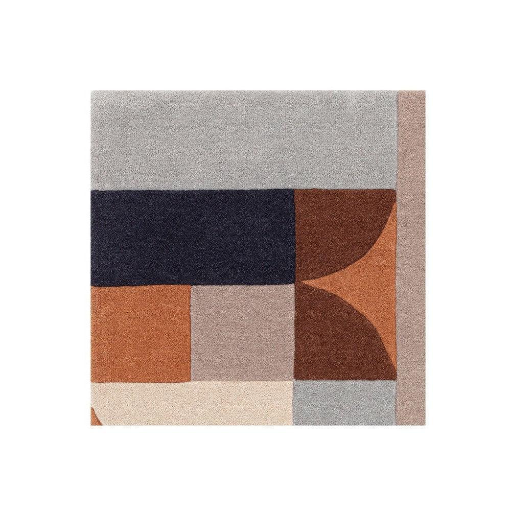 Asiatic Klotski Terracotta Designer Rug featuring geometric blocks in terracotta, navy, taupe and cream on light grey, hand-tufted wool