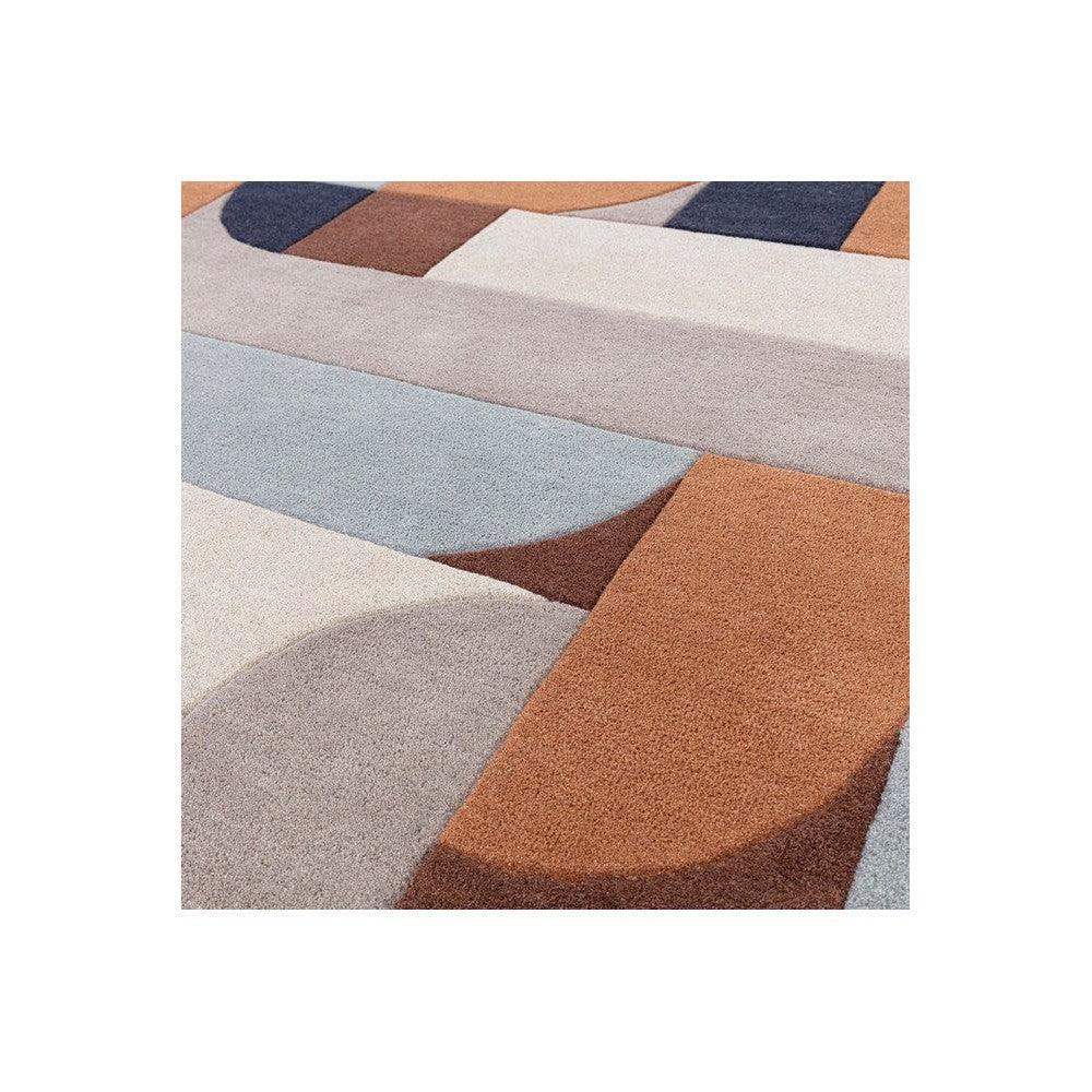 Asiatic Klotski Terracotta Designer Rug featuring abstract geometric pattern in terracotta, pale blue, beige and navy on cream background, hand-tufted wool