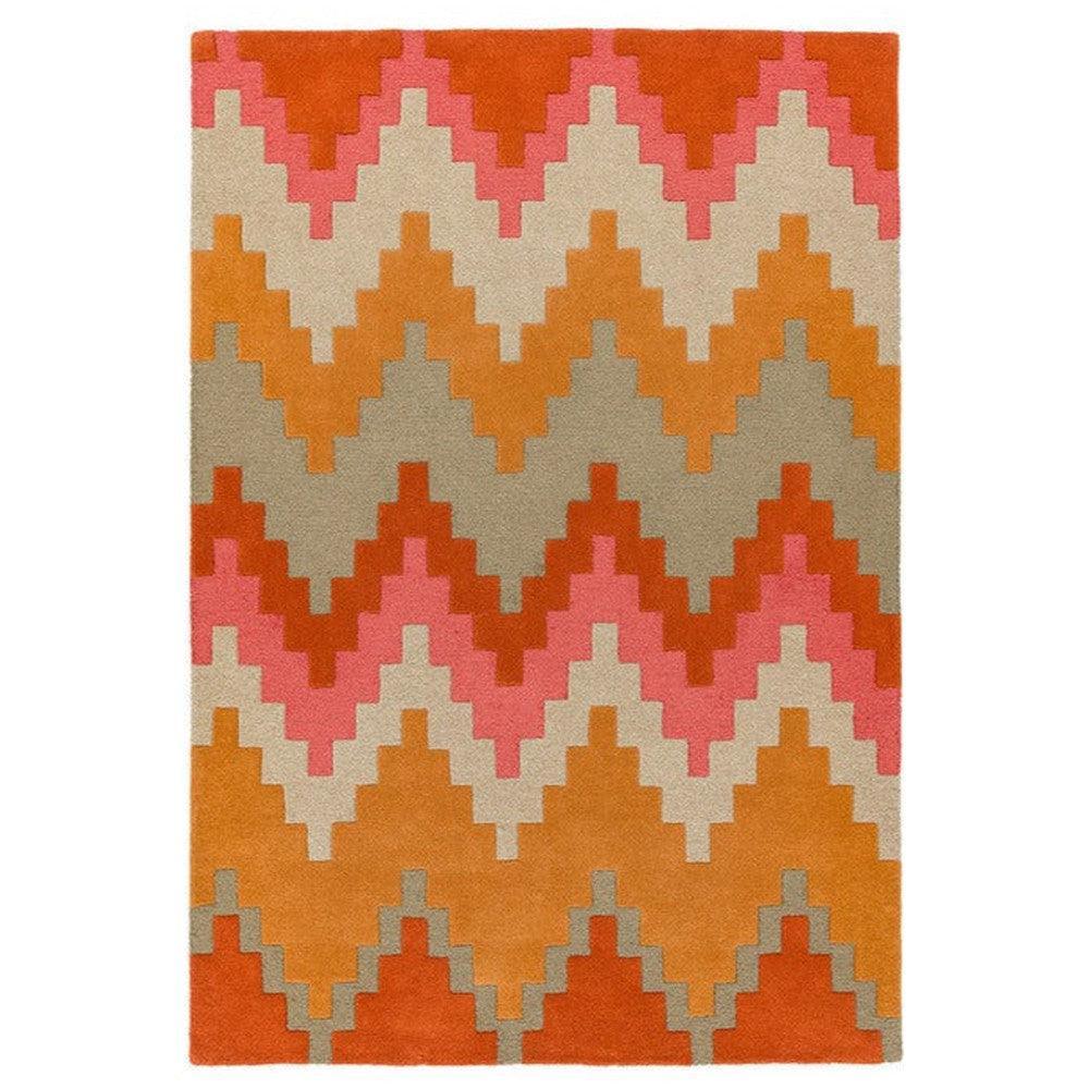 Asiatic Cuzzo Sienna Designer Rug featuring zigzag chevron in burnt orange, coral pink, beige and taupe on cream background, hand-tufted wool