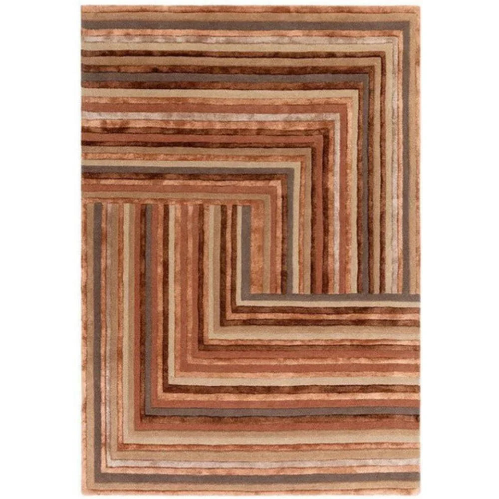 Asiatic Network Terracotta Designer Rug featuring concentric rectangle geometric pattern in terracotta, rust, taupe and beige on warm beige background, hand-tufted wool