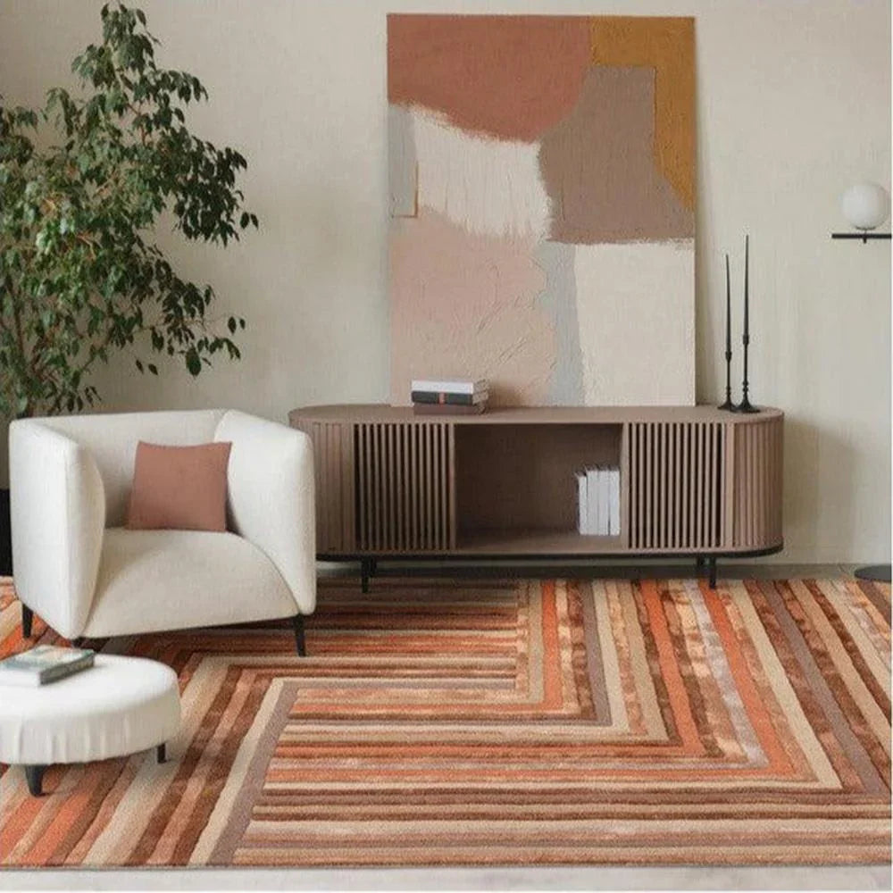 Asiatic Network Terracotta Designer Rug featuring striped geometric pattern in terracotta, peach, beige, cream on warm beige background, hand-tufted wool