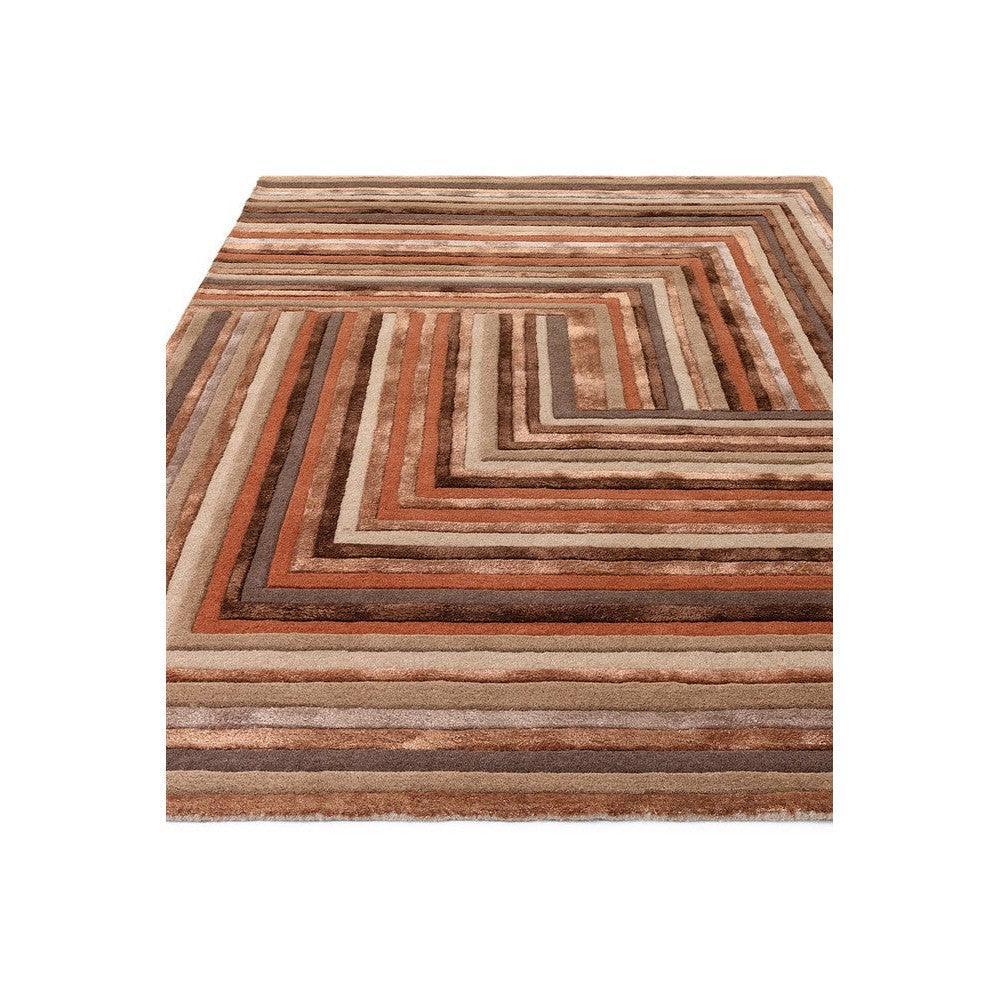 Asiatic Network Terracotta Rug featuring geometric striped pattern in terracotta, brown, beige on cream background, hand-tufted wool