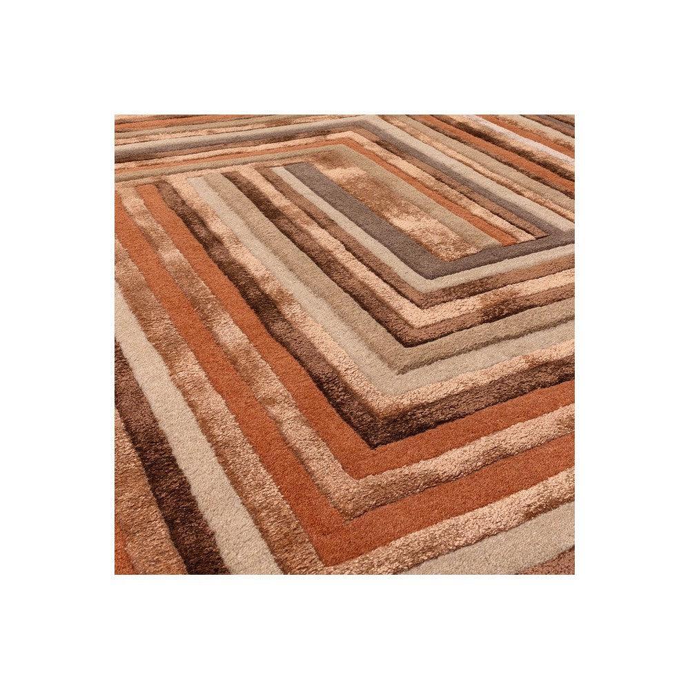 Asiatic Network Terracotta Designer Rug featuring geometric concentric stripe pattern in terracotta, beige, taupe and brown on warm beige, hand-tufted wool